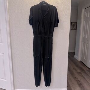 Brigette Brianna M Black Wrinkle-Free Jumpsuit Button-Down Elastic Waist Pockets